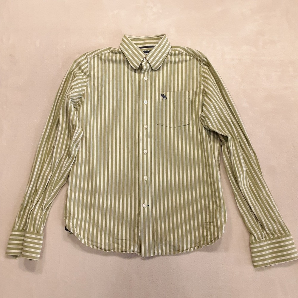 Abercrombie & Fitch Boys Long Sleeve Button Shirt XL Green/White Vertical Stripe